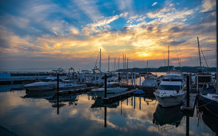 cabin cruisers and sunset at Zushi Marina